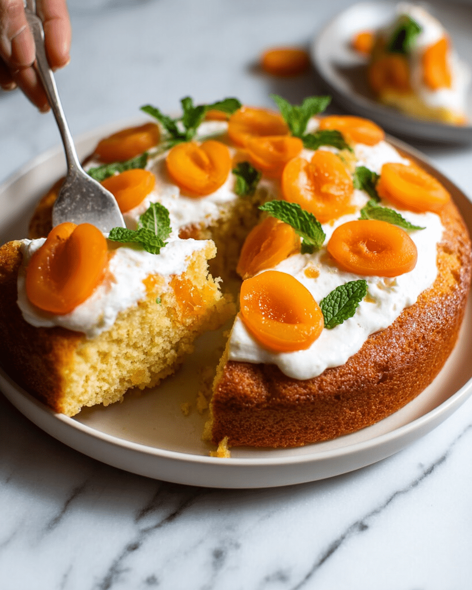 A round, golden-brown cake with a slightly rough texture is placed on a white plate, sitting on a white marbled surface. The cake is topped with a layer of white cream in the center, spread unevenly, and decorated with bright orange apricot halves. There are a few sprigs of fresh green mint leaves scattered on top and around the cake for color contrast. One slice is cut out and lifted slightly by a fork, showing the dense, moist, yellow sponge inside with cream and apricot visible on the cut piece. A woman's hand is holding the fork with the cake slice. Photo taken with an iphone --ar 4:5 --v 7