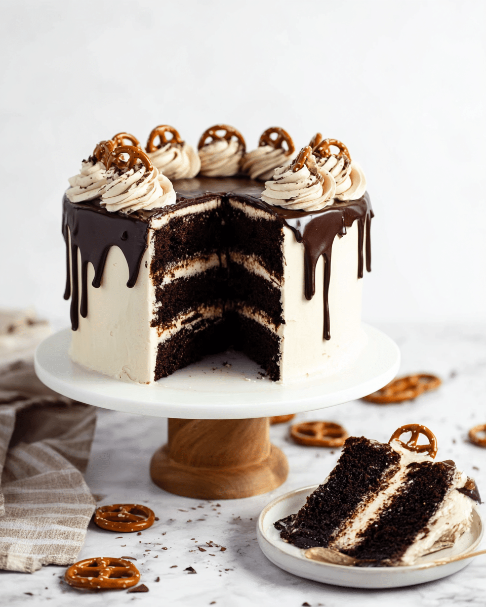 A tall three-layer chocolate cake stands on a white cake stand with a wooden base. The cake is covered in smooth cream-colored frosting and topped with dark chocolate ganache that slightly drips over the edges. Swirls of cream frosting circle the top edge, decorated with a few whole pretzels. A slice is cut out showing three dark, moist chocolate layers separated by thick cream frosting. The slice is placed on a white plate in the foreground, with cream frosting and pretzels on top. The scene is set on a white marbled surface with more pretzels scattered around. photo taken with an iphone --ar 4:5 --v 7