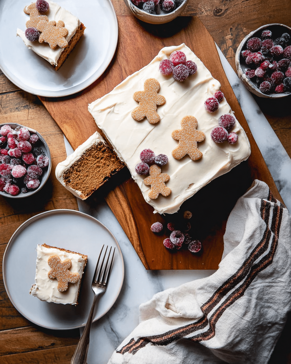 A square cake with two thick layers, topped with smooth white frosting spread unevenly across the surface, is placed on a wooden board. The top layer is decorated with small gingerbread man cookies and several red and purple sugared cranberries scattered around. Two pieces of the cake have been cut out and placed on white plates, with one slice on a plate at the bottom left corner showing the dark brown cake inside under the frosting, also topped with a gingerbread man cookie and sugared cranberry. A woman's hand is holding a fork next to the slice on the plate. More sugared cranberries are scattered around the cutting board and in white bowls nearby. A white towel with brown and black stripes lies on the lower right on the wooden surface. The surface under everything is a white marbled texture. Photo taken with an iphone --ar 4:5 --v 7