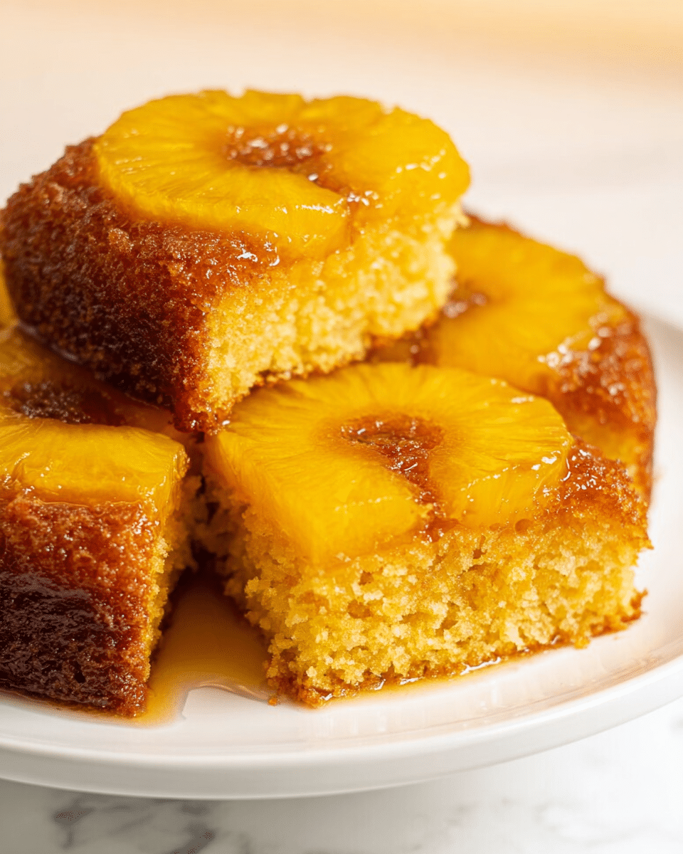 The image shows three slices of upside-down pineapple cake on a white plate. Each slice has one bright yellow pineapple ring on top, shiny with a syrup glaze. Below the pineapple is a thick, moist, golden brown cake layer with a slightly crumbly texture. The cake looks soft and spongy, with the syrup slightly soaking into it. The white plate sits on a white marbled surface, and the background is softly lit in warm tones. Photo taken with an iphone --ar 4:5 --v 7