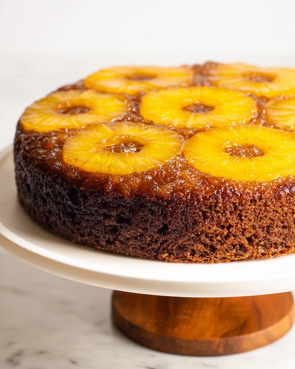 The image shows a round pineapple upside-down cake with one visible layer. The base layer is a thick, dark brown, moist and textured cake. On top, there is a shiny caramelized layer with whole pineapple rings arranged side by side, bright yellow in color with a slightly glossy surface. The cake is placed on a white plate which is set on a wooden cake stand, all against a white marbled background. Photo taken with an iphone --ar 4:5 --v 7