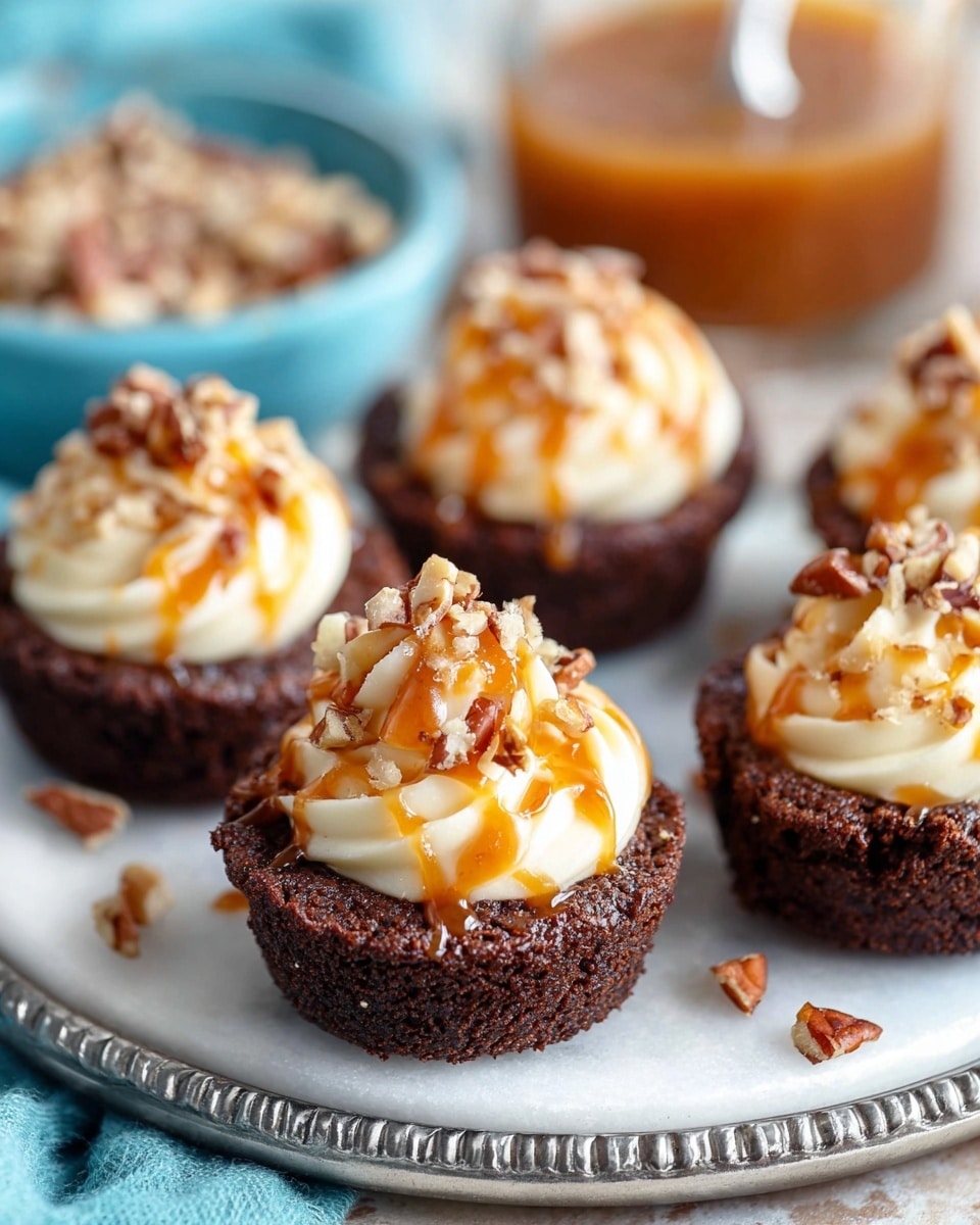 The image shows four small baked chocolate cups placed on a round silver tray over a white marbled surface. Each chocolate cup has one thick, dark brown base layer with a rough texture. On top, there is a swirl of creamy white frosting, about one layer high, with a smooth and soft texture. The frosting is drizzled with light brown caramel sauce that looks shiny and sticky, creating a thin layer on top. Finally, small pieces of chopped nuts are sprinkled over the caramel and frosting, adding a rough and crunchy texture to the top. A blurred blue bowl filled with nuts and a glass of caramel sauce are seen in the background. The photo taken with an iphone --ar 4:5 --v 7