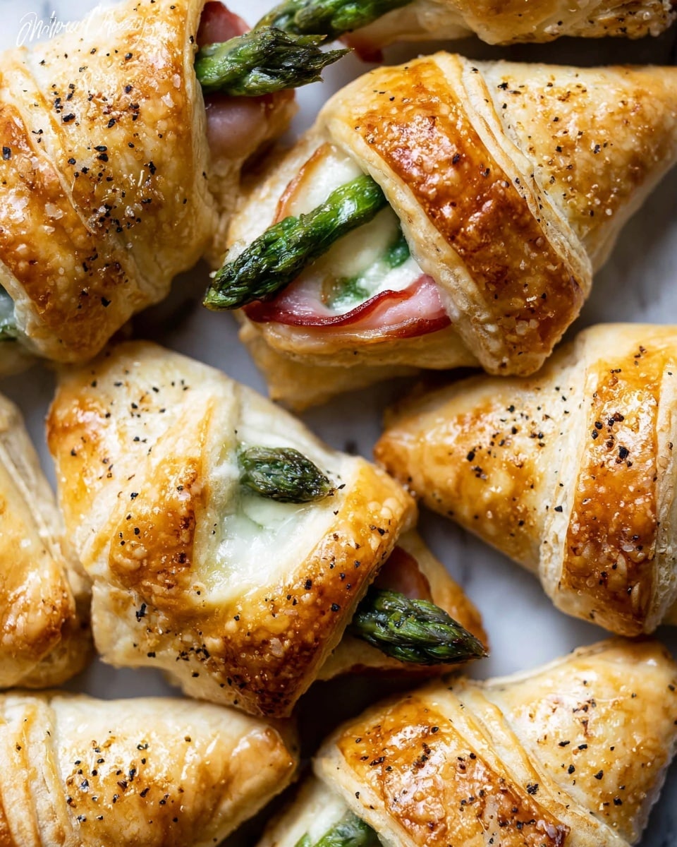 The image shows several small pastry pockets shaped like triangles, with a golden-brown, flaky crust sprinkled with coarse salt and black pepper. Each pastry pocket is partially open at the top, revealing a filling with melted white cheese and green asparagus spears. Some pockets also show a piece of pink ham inside. The pastries are placed closely together on a white marbled surface. The light reflects softly on the glossy tops of the pastries, making them look fresh and appetizing. photo taken with an iphone --ar 4:5 --v 7