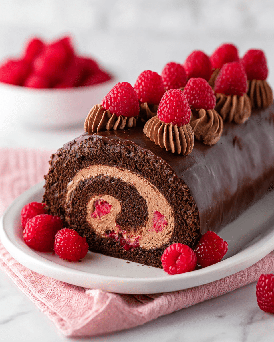 A chocolate roll cake sits on a white plate over a soft pink cloth, displayed on a white marbled texture surface. The cake has three visible layers: a dark brown chocolate sponge cake rolled tightly around a milk chocolate mousse filling with a thin layer of bright red raspberry jam swirled inside. The outside is coated with a smooth, shiny dark chocolate ganache. On top, there is a row of piped milk chocolate mousse rosettes, each crowned with a fresh, bright red raspberry. Additional raspberries are scattered near the plate, and a white bowl filled with raspberries is in the blurred background. Photo taken with an iphone --ar 4:5 --v 7