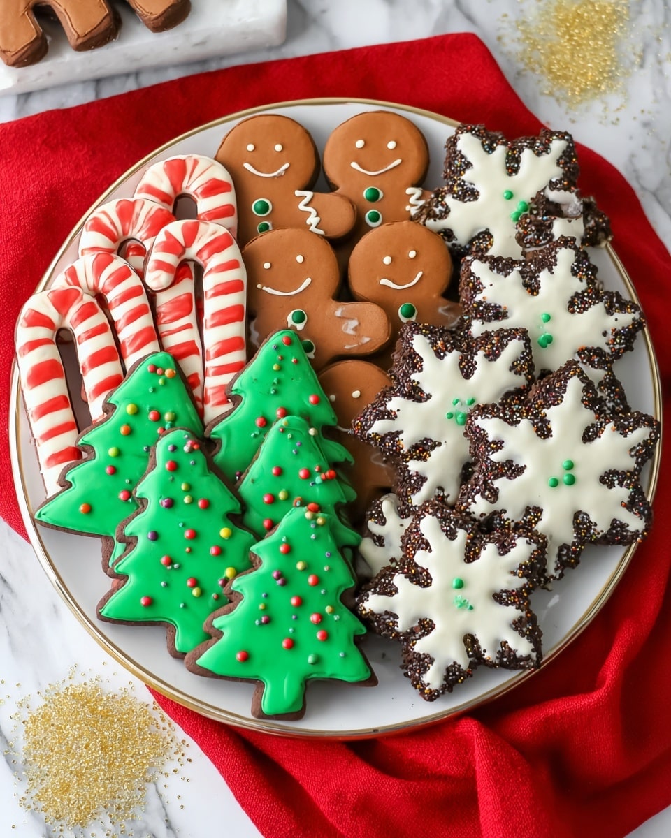 A round white plate holds an array of colorful Christmas cookies arranged in neat groups. From left to right, there are candy cane shaped cookies with red and white stripes, gingerbread men with smooth brown icing, white smiling faces, and three green buttons down their middle, green Christmas tree cookies decorated with small colorful round sprinkles and brown trunks, and white snowflake cookies edged in dark brown with gold sugar sprinkles on top. The plate sits on a bright red cloth over a white marbled surface, with some golden sugar sprinkled around. photo taken with an iphone --ar 4:5 --v 7