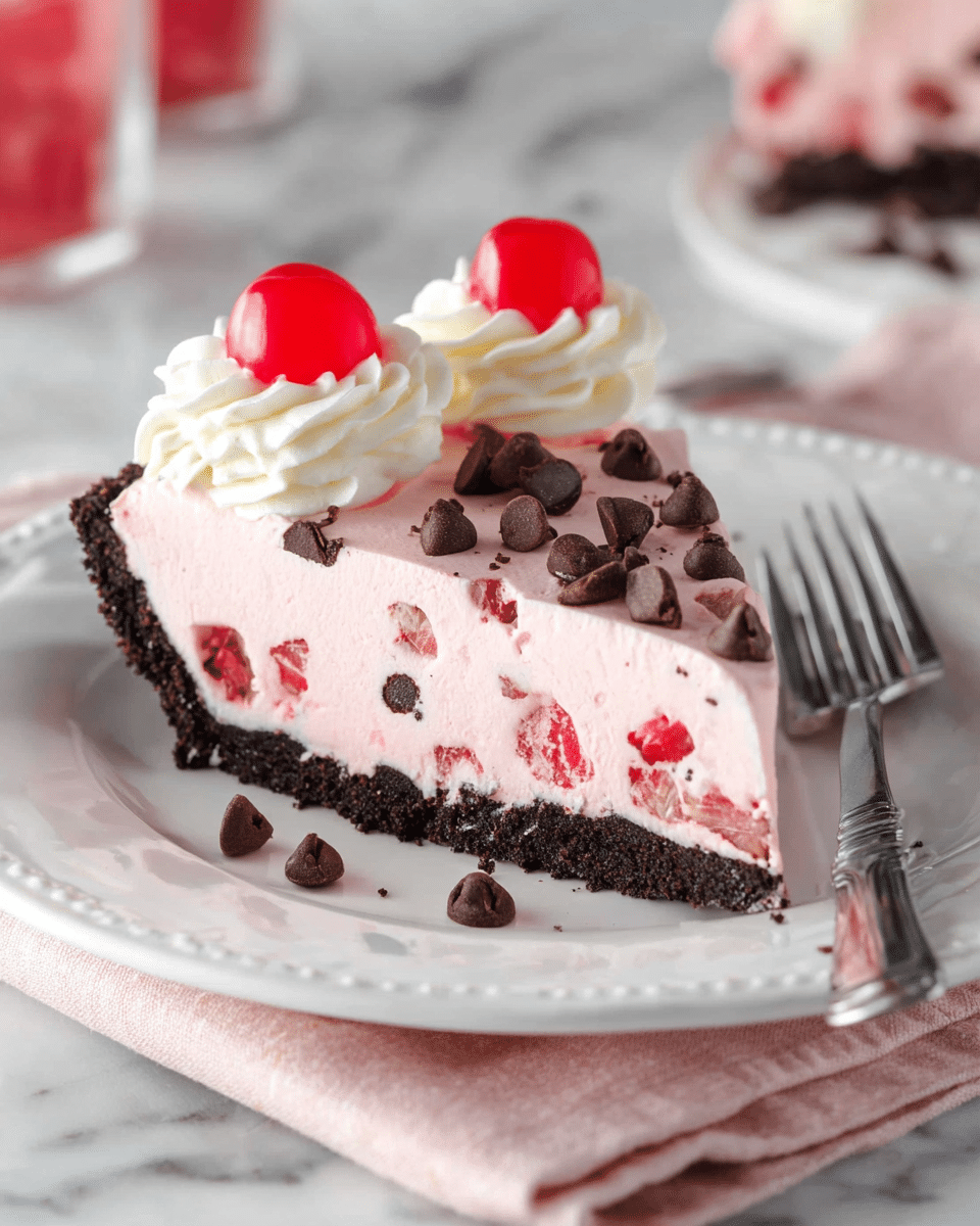 A slice of pink pie with three visible layers sits on a white plate with a fancy edge, placed on a folded light pink cloth over a white marbled surface. The bottom layer is a dark chocolate crust, crumbly in texture. The middle layer is light pink with red fruit pieces and small chocolate bits scattered inside. The top layer is a smooth, slightly darker pink. The slice is topped with two white cream swirls, each crowned with a shiny red cherry and a few chocolate chips scattered on top and around the plate. A silver fork lies on the right side of the plate. Photo taken with an iphone --ar 4:5 --v 7