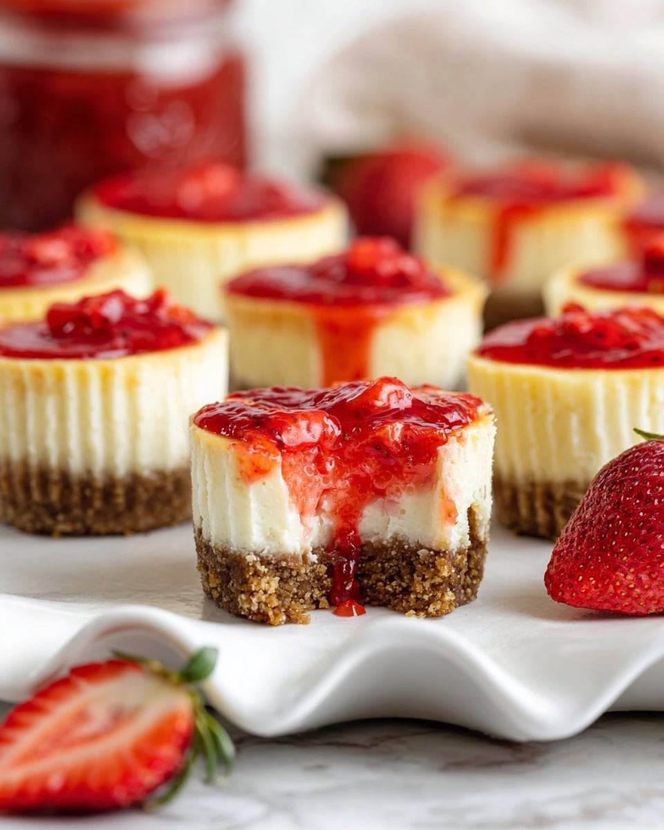 The image shows multiple mini cheesecakes arranged on a white wavy-edged plate with a white marbled texture background. Each cheesecake has three clear layers: a crumbly brown crust at the bottom, a thick creamy off-white middle cheesecake layer, and a bright red strawberry topping with visible small fruit pieces that slightly drips down the sides. The focus is on the front cheesecake with a bite taken out, revealing the texture of each layer. A halved fresh strawberry is placed near the plate, adding a natural red accent. In the blurred background, more mini cheesecakes and a jar of strawberry sauce can be seen. Photo taken with an iphone --ar 4:5 --v 7