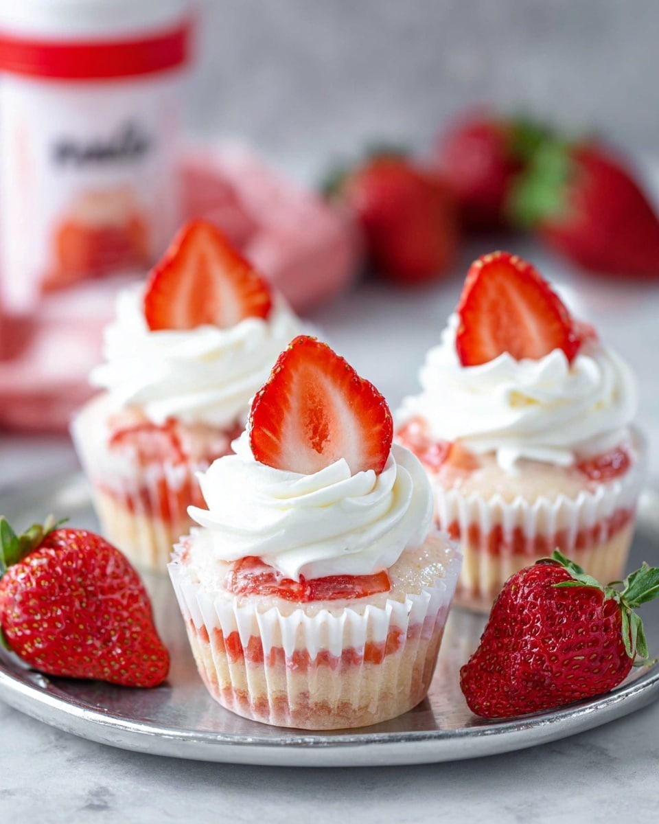 The image shows three small strawberry yogurt cupcakes in white paper liners on a white marbled surface. Each cupcake has a pale pink yogurt base layer, topped with two thin, fresh red strawberry slices, and a swirl of white whipped cream on top. Next to the cupcakes are whole bright red strawberries with green leaves, adding pops of color. In the top right corner, there is a small strawberry yogurt container with a red and white label partly visible. The scene is bright and fresh, with the white marbled surface contrasting with the reds and whites of the dessert and strawberries. Photo taken with an iphone --ar 4:5 --v 7
