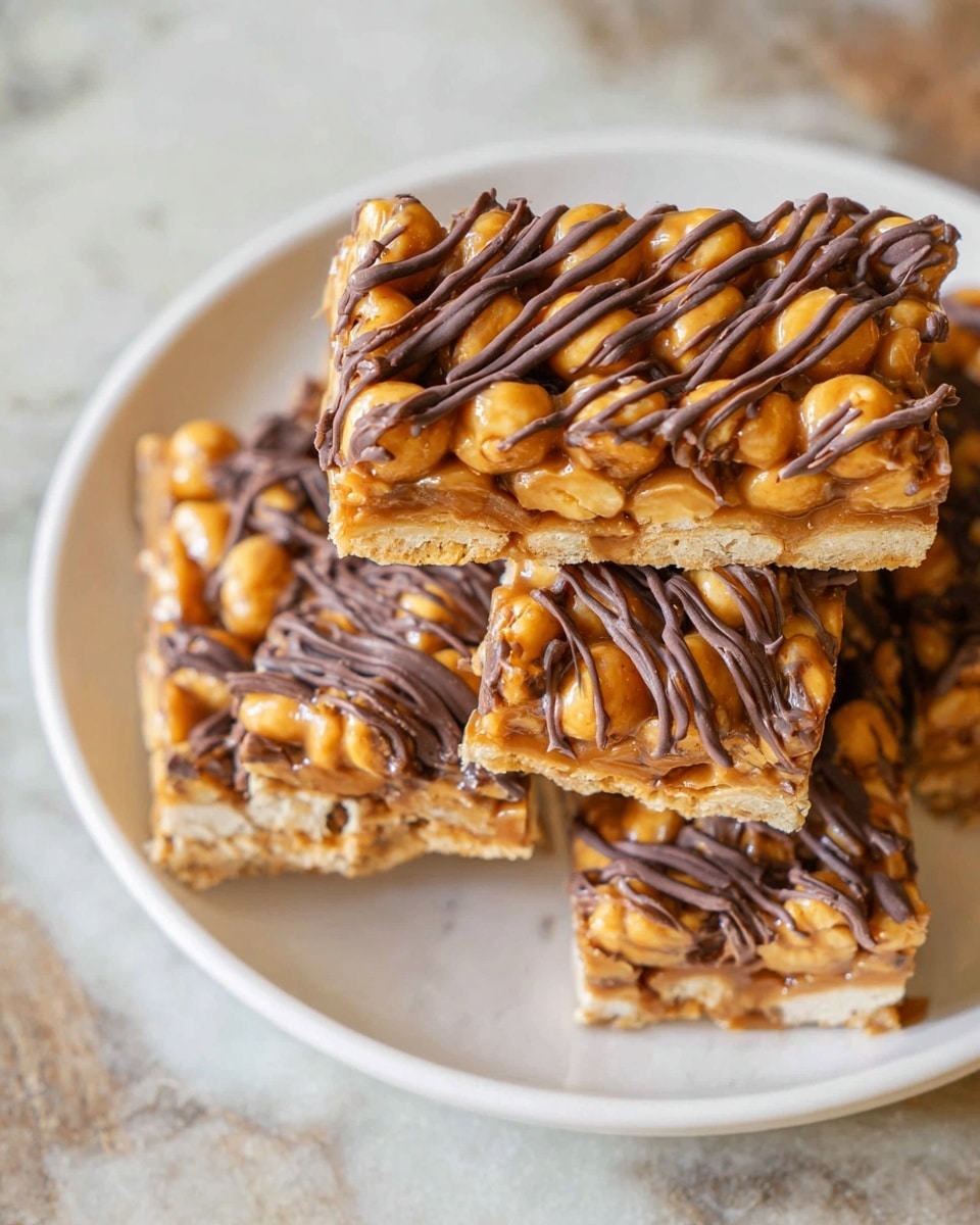A white plate holds several rectangular peanut and caramel bars stacked on top of each other. Each bar has three visible layers: a bottom thin golden brown crust, a thick middle layer of round, golden peanut clusters coated in shiny caramel, and a top layer decorated with thin dark brown chocolate drizzle in uneven lines. The bars have a glossy, sticky texture from the caramel and a crunchy look from the peanuts. The scene is set on a white marbled texture. photo taken with an iphone --ar 4:5 --v 7