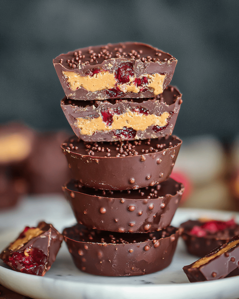 A stack of five round chocolate cups is shown on a white plate with a white marbled surface underneath. The top three cups are cut in half, revealing three layers visible through each cut cup: a bottom layer made of dark chocolate with a bumpy texture from small crispy pieces, a thick middle layer of smooth, creamy golden peanut butter, and a top layer of dark chocolate with embedded round crispy pieces creating a dotted pattern. The bottom two cups are whole, showing the bumpy chocolate texture on top. Around the plate, there are two additional chocolate pieces with a red, soft-looking fruit filling inside. The background is blurred with soft dark tones. photo taken with an iphone --ar 4:5 --v 7