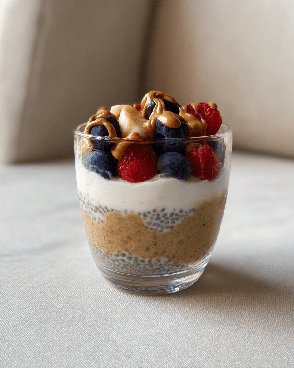 A clear glass cup holds a layered dessert with three visible layers: the bottom layer is light brown and textured with chia seeds soaking in a creamy liquid, the middle layer is smooth and white yogurt, and the top layer consists of fresh blueberries, red raspberries, small chopped banana pieces, and a swirl of light brown peanut butter drizzled over the fruits. The glass is placed on a white marbled surface with a soft white cushion background. photo taken with an iphone --ar 4:5 --v 7