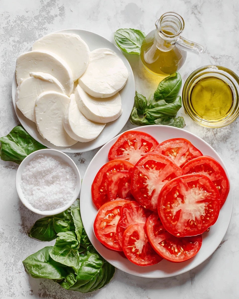 The image shows two white plates on a white marbled surface. The plate on the right holds thin, red tomato slices with a juicy, slightly glossy texture arranged in an overlapping pattern. The plate on the left contains smooth, white mozzarella cheese slices stacked in a slightly overlapping way. Fresh green basil leaves with visible veins are scattered around the plates, adding a fresh, natural touch. A glass bottle with light yellow olive oil is placed near the plates, and a small white bowl filled with coarse white salt is also visible nearby. photo taken with an iphone --ar 4:5 --v 7