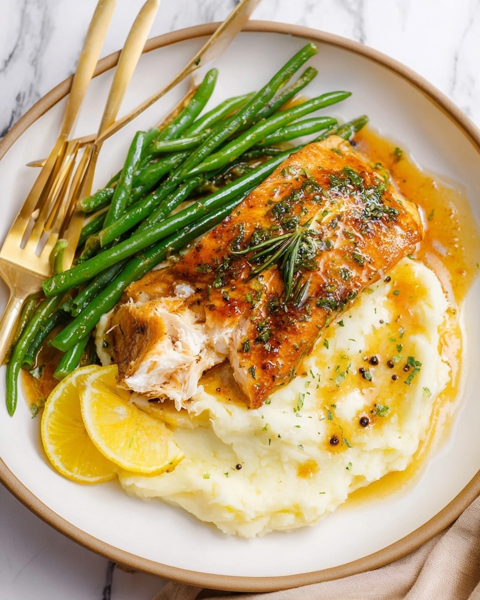 Four pieces of golden-brown cooked fish sit in a black pan, each piece covered with small green herb leaves and tiny seeds, all coated in a shiny, sticky sauce that pools slightly around the fish. The fish pieces have a slightly crispy texture with visible seasoning, and the sauce reflects the light, giving the dish a warm, appetizing glow. The pan has a dark, well-used surface that contrasts with the vibrant color of the fish and sauce. photo taken with an iphone --ar 4:5 --v 7