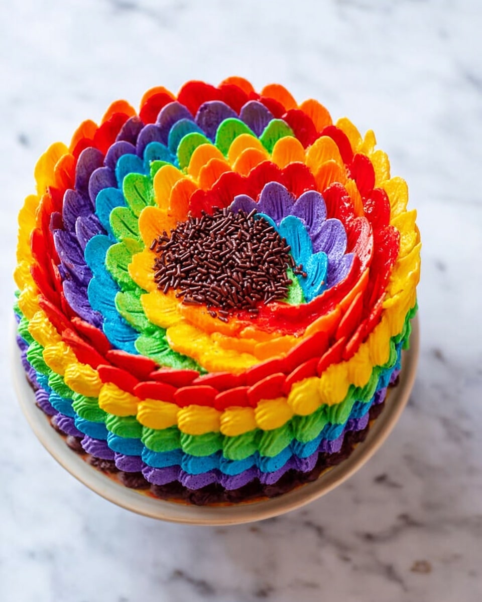 The image shows a colorful cake with six visible layers of frosting petals arranged in concentric circles, each layer made up of petals in different bright colors going from outermost to innermost: red, orange, green, blue, indigo, and violet. Each petal is smoothly piped with a rounded, scalloped shape, giving a textured and glossy look to the cake's surface. The center of the cake is topped with small chocolate sprinkles clustered in a pile. The cake sits on a white plate against a white marbled surface. photo taken with an iphone --ar 4:5 --v 7