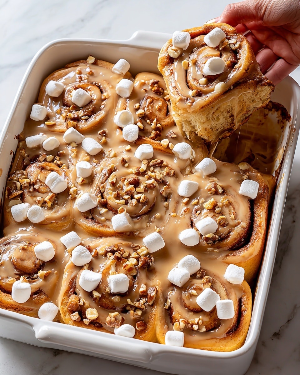A white rectangular baking dish filled with eight large cinnamon rolls topped with a light brown glaze that looks creamy and smooth, drizzled unevenly on each roll. The rolls are golden brown with a soft and fluffy texture, showcasing visible cinnamon swirls. Scattered on top are small toasted marshmallows that are white with browned spots from toasting, adding a slightly puffy texture. Chopped nuts, slightly uneven and light brown, are sprinkled throughout the dish. A woman's hand is lifting one cinnamon roll from the bottom right corner, showing its spiral layers clearly with glaze and marshmallows on top. The dish sits on a white marbled surface. photo taken with an iphone --ar 4:5 --v 7