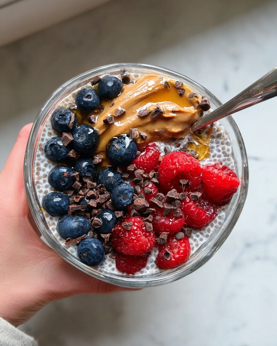 A white bowl with a blue rim and small blue flower patterns is held by a woman's hand in grey pants. Inside the bowl, the first base layer is light gray chia pudding with visible seeds, topped with three groups of fruit arranged in sections: bright red raspberries, deep black blackberries, and dark blue blueberries mixed together; next to them are several pale yellow banana slices. On the banana slices, a dollop of smooth brown peanut butter is placed near the center. Scattered across the fruits and banana are dark brown chocolate chips, while a light drizzle of honey glistens over the top. The background is a white marbled texture. photo taken with an iphone --ar 4:5 --v 7