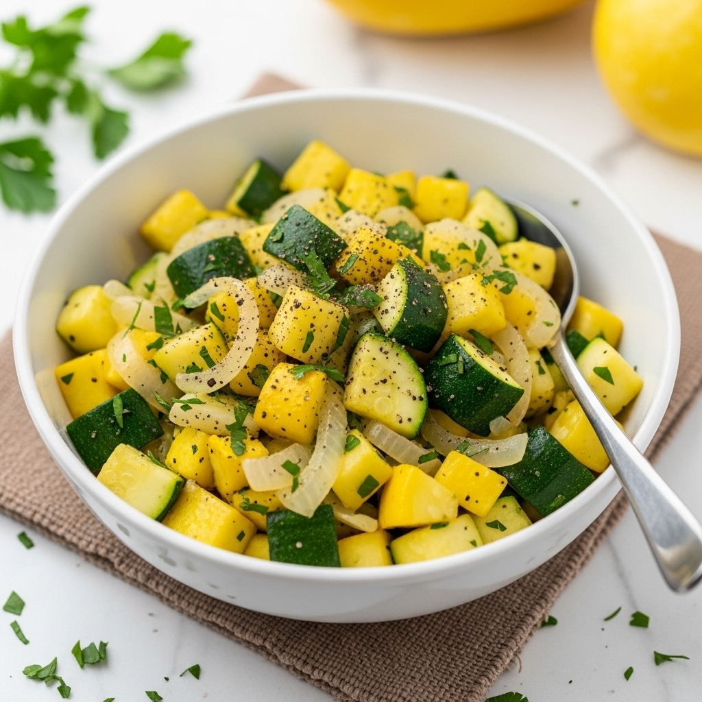 A white bowl filled with cooked yellow squash and green zucchini cut into small cubes and pieces, mixed with chopped translucent onions. The vegetables are sprinkled with finely chopped green herbs and black pepper, giving a fresh and colorful look. A silver spoon is placed inside the bowl on the right side. The bowl sits on a textured light brown mat on a white marbled surface with scattered green herbs around it. The background is softly out of focus with a hint of yellow squash visible. Photo taken with an iphone --ar 4:5 --v 7