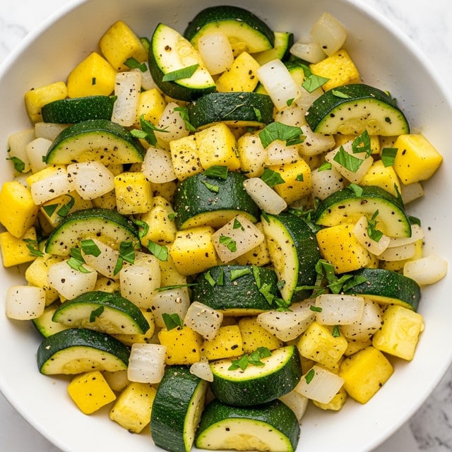 This image shows a close-up of a white bowl filled with chopped cooked vegetables. The dish has several layers of diced yellow squash, green zucchini pieces with dark green skin, and white onion chunks. The vegetables appear to be lightly seasoned with black pepper and topped with small pieces of green herbs, scattered evenly throughout. The colors of the vegetables create a fresh and vibrant look with a mix of soft textures and slight gloss from cooking. The background surface is a white marbled texture. Photo taken with an iphone --ar 4:5 --v 7