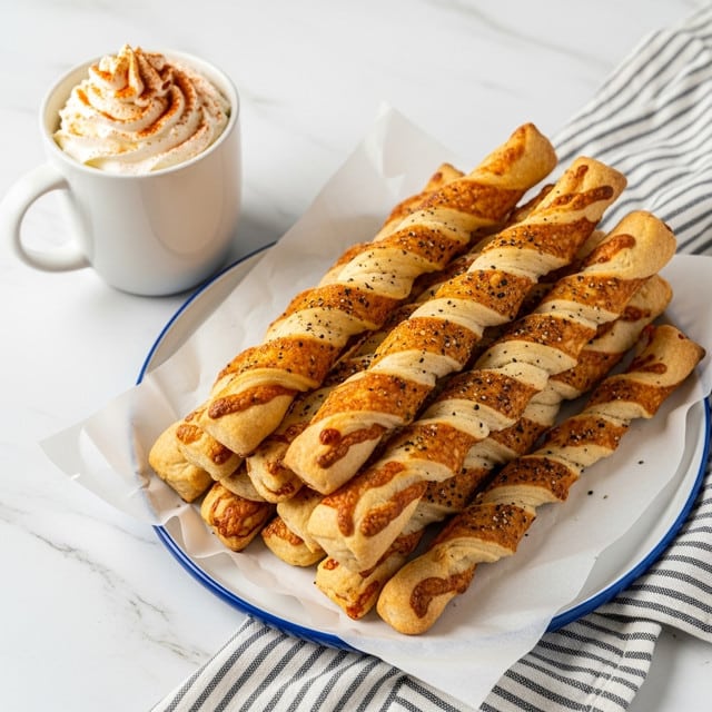 The image shows a group of long, twisted breadsticks with a crispy, golden-brown crust and visible seasoning of black pepper and herbs on top. The breadsticks are stacked neatly on a white plate with a blue interior, lined with white parchment paper. To the side of the plate is a white mug filled with a light whipped cream topped with paprika or chili powder, placed on a white marbled surface with a striped cloth nearby. Photo taken with an iphone --ar 4:5 --v 7