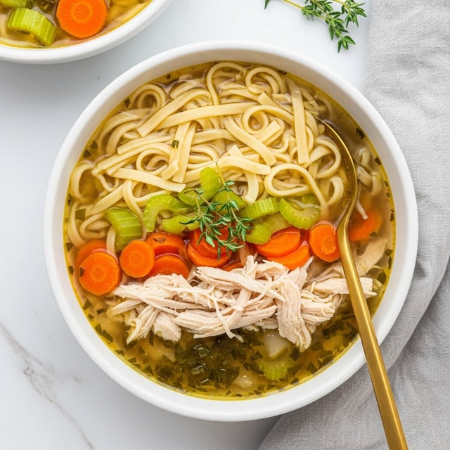 A white bowl filled with noodle chicken soup sits on a white marbled surface, with another bowl partially seen at the top left. The soup has three clear layers: at the bottom is a light brown broth mixed with small green herbs, above it are slices of bright orange carrots and light green celery pieces, mixed with shredded white chicken. Resting above and intertwined throughout the soup are pale yellow noodles. A golden spoon is placed inside the bowl on the right side, resting on light gray fabric. A small sprig of fresh green thyme lies on top of the soup as garnish. Photo taken with an iphone --ar 4:5 --v 7