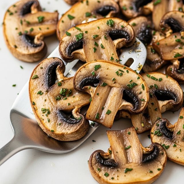 A close-up of several cooked mushroom slices piled together with a shiny brown color and slightly crispy edges, sprinkled with small bits of green herbs. The mushrooms show varied shapes and sizes with a moist texture from cooking. A silver spatula with a smooth, matte surface is partially under some of the mushrooms, resting on a white marbled surface. photo taken with an iphone --ar 4:5 --v 7