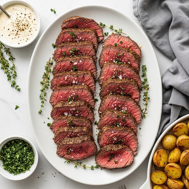 This image shows a white oval plate filled with thick slices of medium-rare roast beef, arranged in two slightly overlapping rows. Each slice has a dark brown, peppered crust with a pink, juicy inside and is sprinkled with small bits of chopped green herbs and coarse salt. Around the edges of the plate are a few sprigs of fresh thyme. The plate sits on a white marbled surface, and there are small bowls nearby holding chopped green herbs and creamy white sauce topped with ground black pepper. Part of a gray cloth napkin and a round dish of roasted potatoes with a golden-brown color are also visible at the edges of the image. Photo taken with an iphone --ar 4:5 --v 7