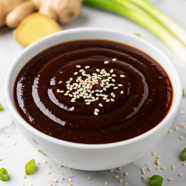 A close-up view of a thick, dark brown sauce with a smooth, glossy texture, served in a white bowl that is almost full. The sauce is topped with small white sesame seeds scattered unevenly on the surface. The bowl sits on a white marbled texture with some sesame seeds and chopped green onions scattered around it. In the background, there is a blurred piece of ginger root and green onion stalks, adding a fresh element to the scene. photo taken with an iphone --ar 4:5 --v 7