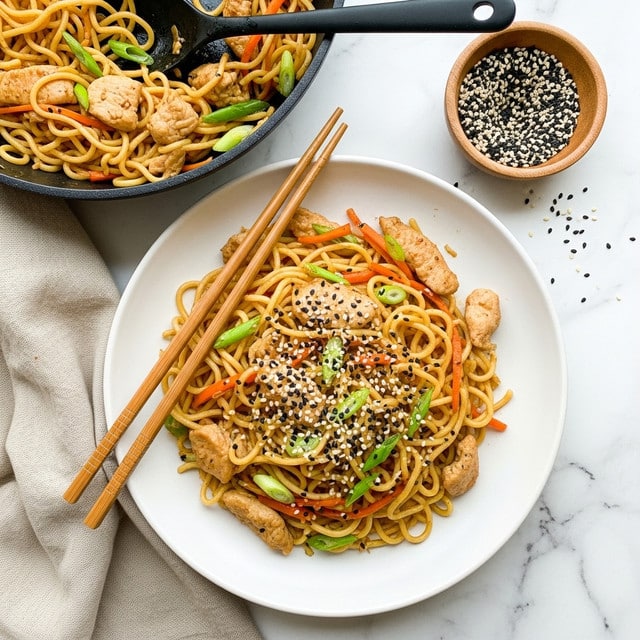 A close-up view of a bowl filled with stir-fried noodles layered with light brown chicken pieces and thin, slightly translucent slices of white onion mixed with bright orange carrot strips. Scattered atop are green onion slices in varying shades of bright green, and a sprinkle of white and black sesame seeds adds texture and contrast. The noodles are thin and coated with a glossy light brown sauce. The bowl is white, and the background is a white marbled texture. photo taken with an iphone --ar 4:5 --v 7