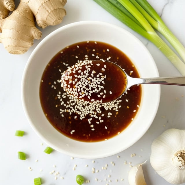 A white round bowl filled with a thick, dark brown sauce sprinkled with white sesame seeds, positioned on a white marbled surface. A shiny silver spoon holds a spoonful of the sauce, also covered with sesame seeds, just above the bowl in the center of the image. Around the bowl, there are pieces of fresh ginger with light brown skin on the top left, green onion stalks on the top right, and a white garlic bulb on the bottom right with some scattered sesame seeds and small green onion pieces on the surface. The overall setting is clean and bright with soft natural light. photo taken with an iphone --ar 4:5 --v 7