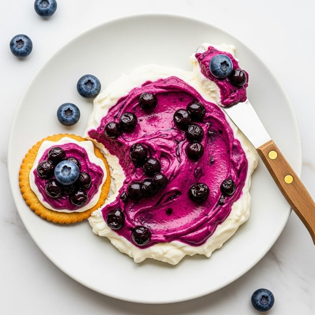 This image shows a white plate with a soft, layered blueberry dessert spread on it. The bottom layer is creamy white, while the top layer is a rich, deep purple blueberry sauce mixed with chunks of blueberries, creating a marbled effect of bright pink and dark purple colors. There are a few whole fresh blueberries scattered around the plate, and a cracker topped with the same blueberry dessert is placed next to the spread. A knife with a wooden handle rests on the plate, holding a small scoop of the dessert with a blueberry on top. The plate is on a white marbled surface. photo taken with an iphone --ar 4:5 --v 7