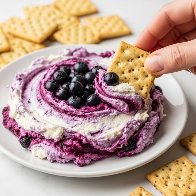 A close-up of a white plate with a creamy, chunky dip made of bright white and deep purple layers mixed together, giving a swirled texture with whole dark blueberries visible on top and inside. A woman's hand is dipping a light tan square cracker with small brown dots and a rough texture into the dip. Around the main dip, there are more of the same crackers slightly blurred in the background on the white marbled surface. photo taken with an iphone --ar 4:5 --v 7
