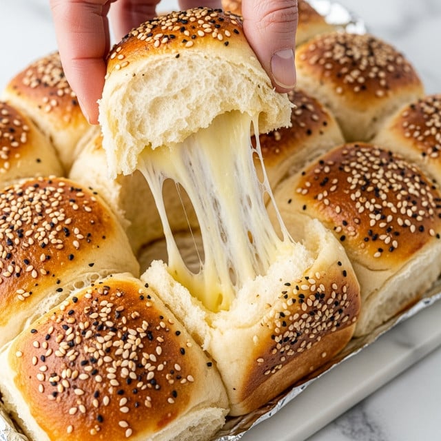A close-up of a soft, golden brown baked roll being pulled up by a woman's hand, showing melted stretchy cheese inside. The roll is topped with sesame seeds and cracked black pepper, with a light fluffy texture inside and a slightly crispy top layer. Surrounding the pulled roll are more rolls, all with the same golden brown color and seasoning. The rolls rest on a white marbled surface with a foil beneath them. photo taken with an iphone --ar 4:5 --v 7