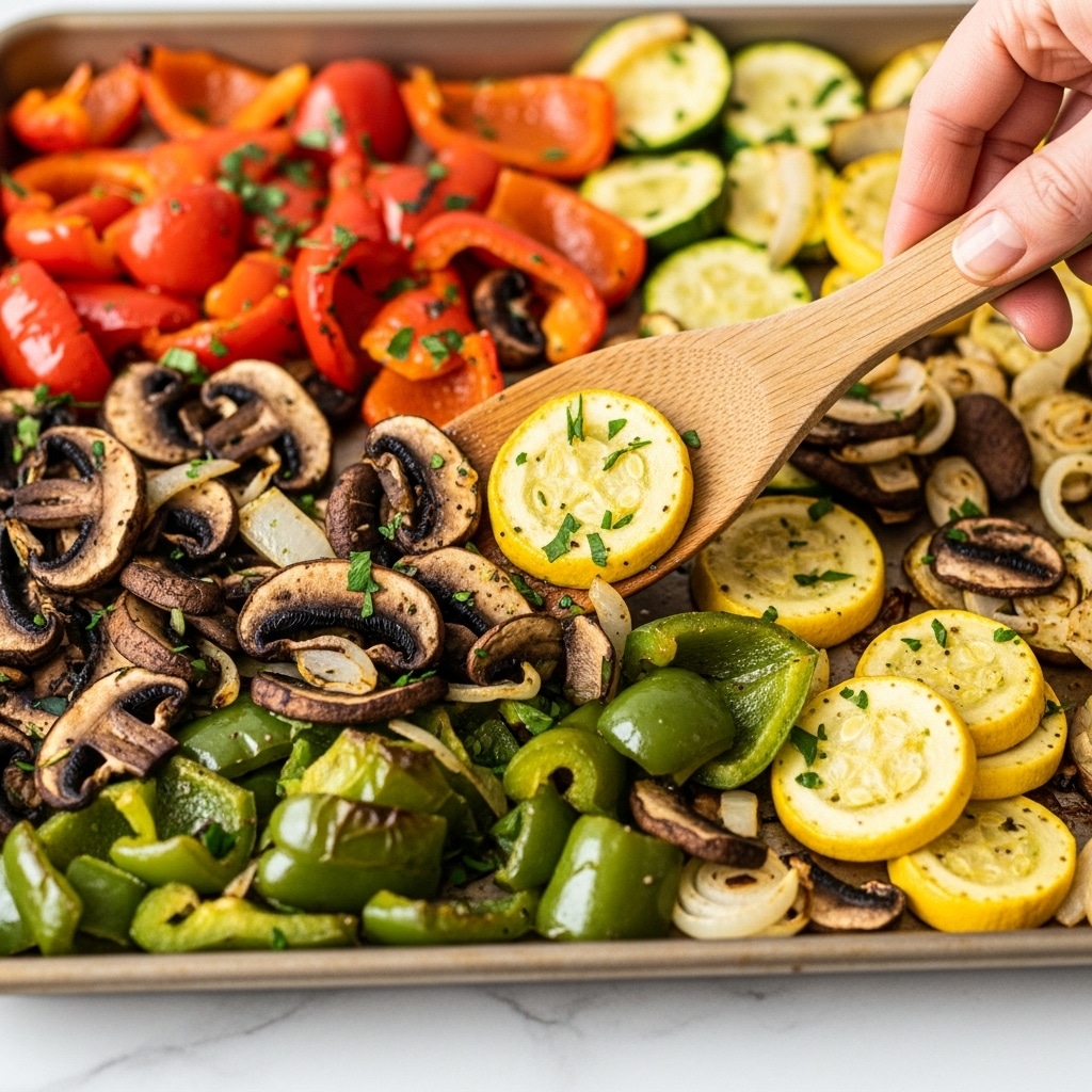 A close-up image shows a woman's hand using a wooden spatula to scoop up a mixture of cooked vegetables on a baking tray. The dish has several layers and colors: bright red pieces of bell pepper, dark brown sliced mushrooms, yellow squash slices, chunks of green bell pepper, bits of white onion, and small flecks of green herbs scattered throughout. The vegetables have a slight shine, showing they are roasted or sautéed, with some browned spots adding texture. The tray is set on a white marbled surface. photo taken with an iphone --ar 4:5 --v 7