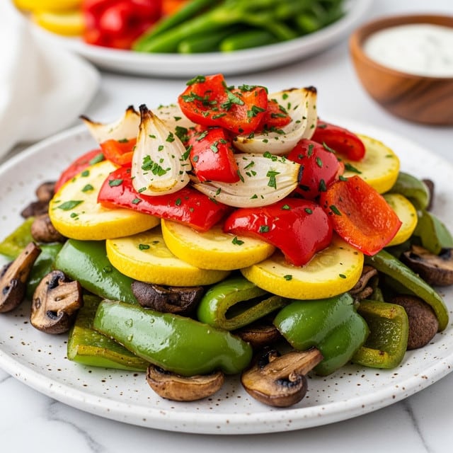 A close-up of a colorful mix of cooked vegetables piled in three visible layers on a white speckled plate, placed on a white marbled surface. The bottom layer has green bell peppers and mushrooms with darker, slightly browned textures. The middle layer consists of yellow squash and red bell pepper slices, bright and slightly glossy. The top layer includes small pieces of red bell peppers and white onion with a fresh, slightly charred look, all sprinkled with chopped green herbs. In the background, there is a blurred white plate with more vegetables and a small wooden bowl with a white creamy sauce. Photo taken with an iphone --ar 4:5 --v 7
