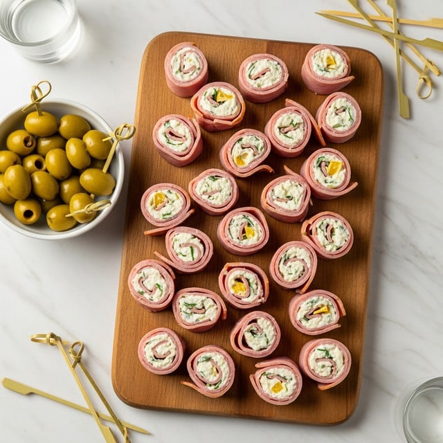 On a wooden board placed on a white marbled surface, there are many small ham roll-ups arranged loosely in rows. Each roll-up has a pink outer layer of ham wrapped around a creamy white filling with small bits of green herbs and yellow elements visible inside. To the left of the board, there is a white bowl filled with green olives, some skewered by bamboo picks. Additional bamboo picks are scattered in the top right and bottom left corners of the board. Two glass cups with clear liquid are partially visible on the white marbled surface in the corners. photo taken with an iphone --ar 4:5 --v 7