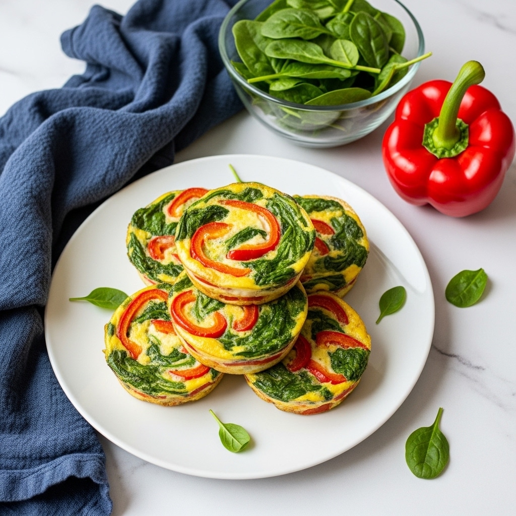 A white plate on a white marbled surface holds a stack of small, round frittatas that each have visible layers of green spinach and bright red bell peppers mixed with a pale, creamy egg base. The frittatas appear soft with a slightly uneven texture from the cooked vegetables, and some small green herb pieces are scattered around the plate. To the upper right of the plate, there is a clear glass bowl filled with fresh green spinach leaves, and a whole bright red bell pepper sits nearby. A dark blue cloth is draped loosely to the left side of the plate for contrast. Photo taken with an iphone --ar 4:5 --v 7