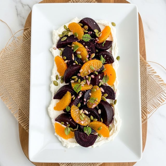 A rectangular white plate holds a salad with three main layers: at the bottom, a creamy white spread is thinly spread across the plate; on top of that, there are dark purple chunks of roasted beets, cut into thick, uneven pieces that create a rough texture; scattered among the beets are bright orange, juicy tangerine segments that add a smooth and shiny contrast. The dish is finished with a sprinkling of light green pumpkin seeds and small green herb leaves, adding texture and a fresh touch on top. The plate is placed on a wooden board with a light brown burlap underneath, against a white marbled surface. Photo taken with an iphone --ar 4:5 --v 7