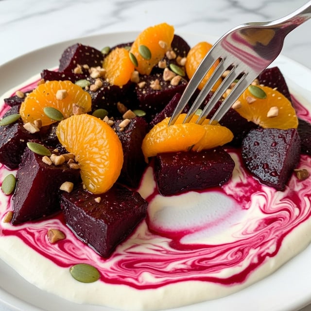 The image shows a close-up of a dish with several layers. At the bottom, there is a creamy white sauce mixed with bright pink beet juice, creating a swirled pattern. On top of that are deep purple beet chunks that look soft and moist, scattered all over. Between the beets are bright orange mandarin segments that add a fresh and juicy look. The dish is sprinkled with small green pumpkin seeds and tiny pieces of chopped nuts. A silver fork is pressing down on one mandarin slice in the middle of the frame. The food rests on a white plate, and the background has a white marbled texture. photo taken with an iphone --ar 4:5 --v 7