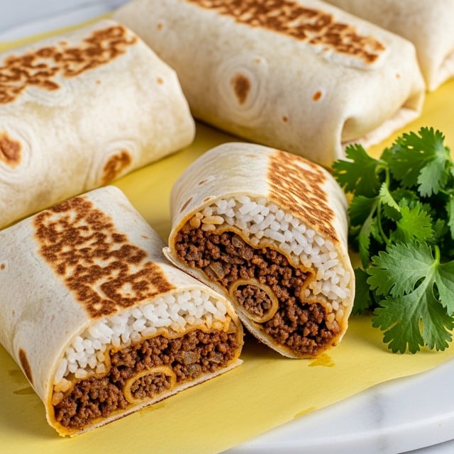 Several burritos with soft, lightly toasted beige tortillas are placed on yellow paper. One burrito is cut in half, showing three visible layers inside: white rice on the top, dark brown ground meat mixed with spices in the middle, and some small bits of cooked onion. The burritos have slight brown spots from toasting and are neatly folded at the ends. A small bunch of fresh green cilantro leaves lies near the cut burrito against the yellow paper. The whole scene rests on a white marbled surface. Photo taken with an iphone --ar 4:5 --v 7