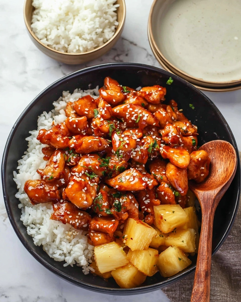 A black bowl filled with three layers: the bottom layer is white rice, the middle layer has golden yellow pineapple chunks, and the top layer consists of glossy, dark orange-brown glazed chicken pieces mixed with sauce and sprinkled with white sesame seeds and small green herb bits. A wooden spoon rests on the right side inside the bowl. In the background, there's a small bowl of white rice and a beige plate, all placed on a white marbled surface. Photo taken with an iphone --ar 4:5 --v 7