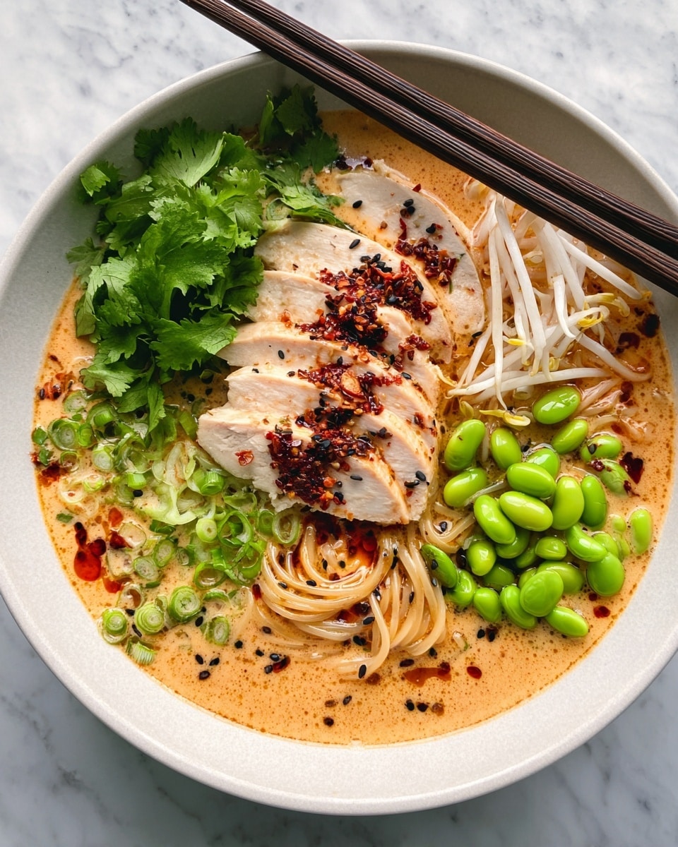 A bowl shows a creamy light orange broth filling the base, topped with a nest of thin, light tan noodles at the center. On the upper left side, there are several slices of cooked white chicken breast with a light brown edge, sprinkled with black sesame seeds and tiny chili flakes. To the right of the chicken, a bunch of fresh, green cilantro leaves adds color and texture. The far right side holds crisp white bean sprouts. At the bottom right, bright green edamame beans sit in a small cluster. Sliced green onions are placed on the bottom left, with more black sesame seeds and bits of chili flakes scattered evenly over the bowl. The bowl itself is white, set atop a white marbled surface, with a pair of dark brown chopsticks resting on the rim. photo taken with an iphone --ar 4:5 --v 7