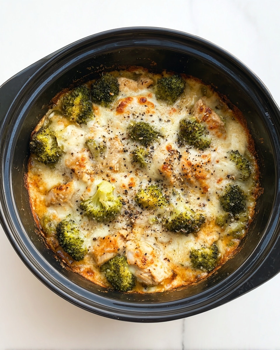 A black round pot holds a baked dish with three main layers visible; the base layer appears as a light brown sauce with hints of orange, partially soaking the dish; the middle layer features pieces of chicken covered with melted white and light yellow cheese sprinkled with black pepper, creating a bubbly and slightly browned texture; the top layer consists of bright green broccoli florets, some slightly browned from baking, arranged around the edges of the dish, contrasting with the cheesy chicken in the center. The pot is sitting on a white marbled surface. photo taken with an iphone --ar 4:5 --v 7