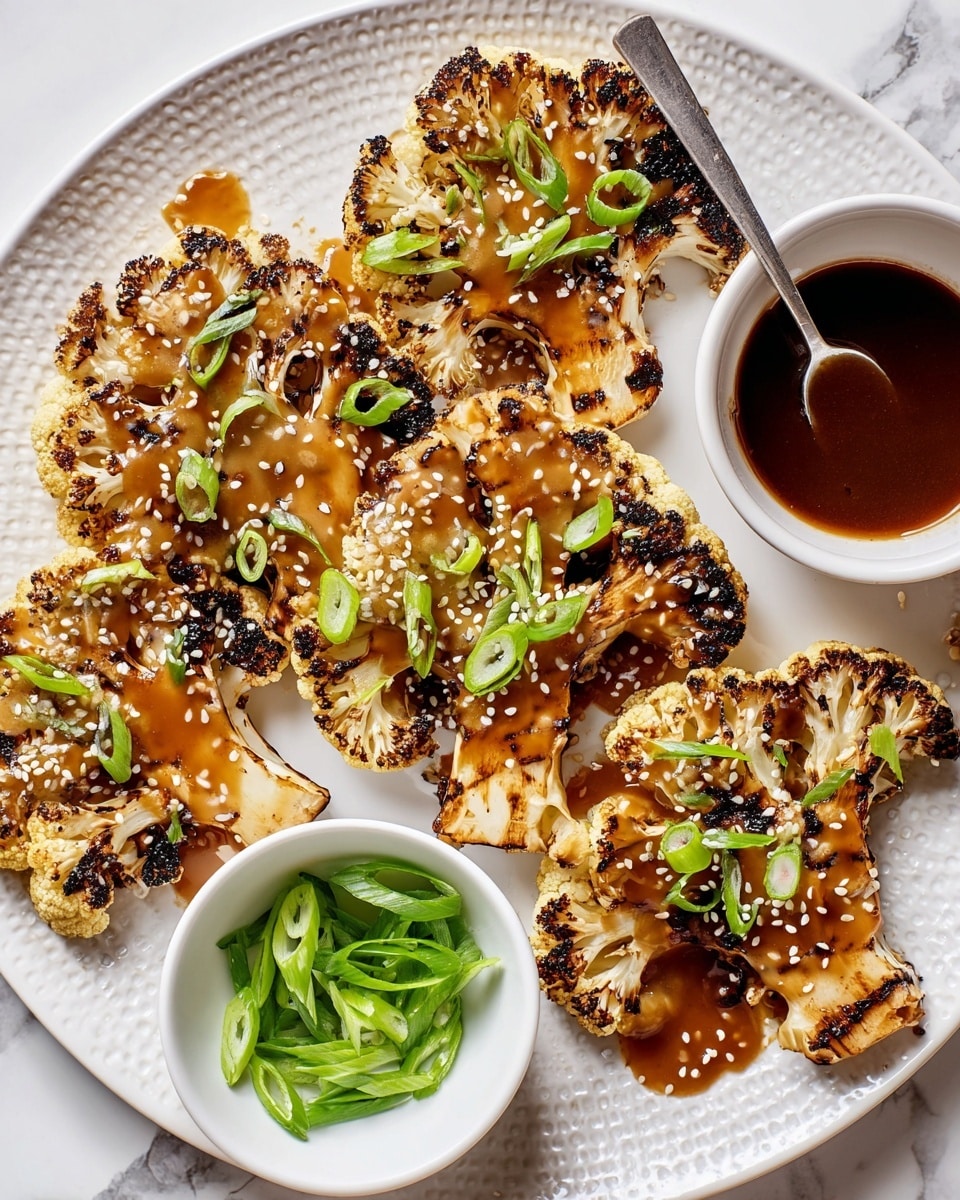 The image shows two large grilled cauliflower steaks on a white plate, each with a golden-brown charred texture and a glossy, dark amber sauce drizzled on top. Light sesame seeds are sprinkled across the cauliflower and plate, adding texture. Bright green sliced spring onions are scattered on and around the cauliflower, adding fresh color. A small piece of cauliflower is pierced on a silver fork resting on the plate's edge. The background is a white marbled texture. photo taken with an iphone --ar 4:5 --v 7