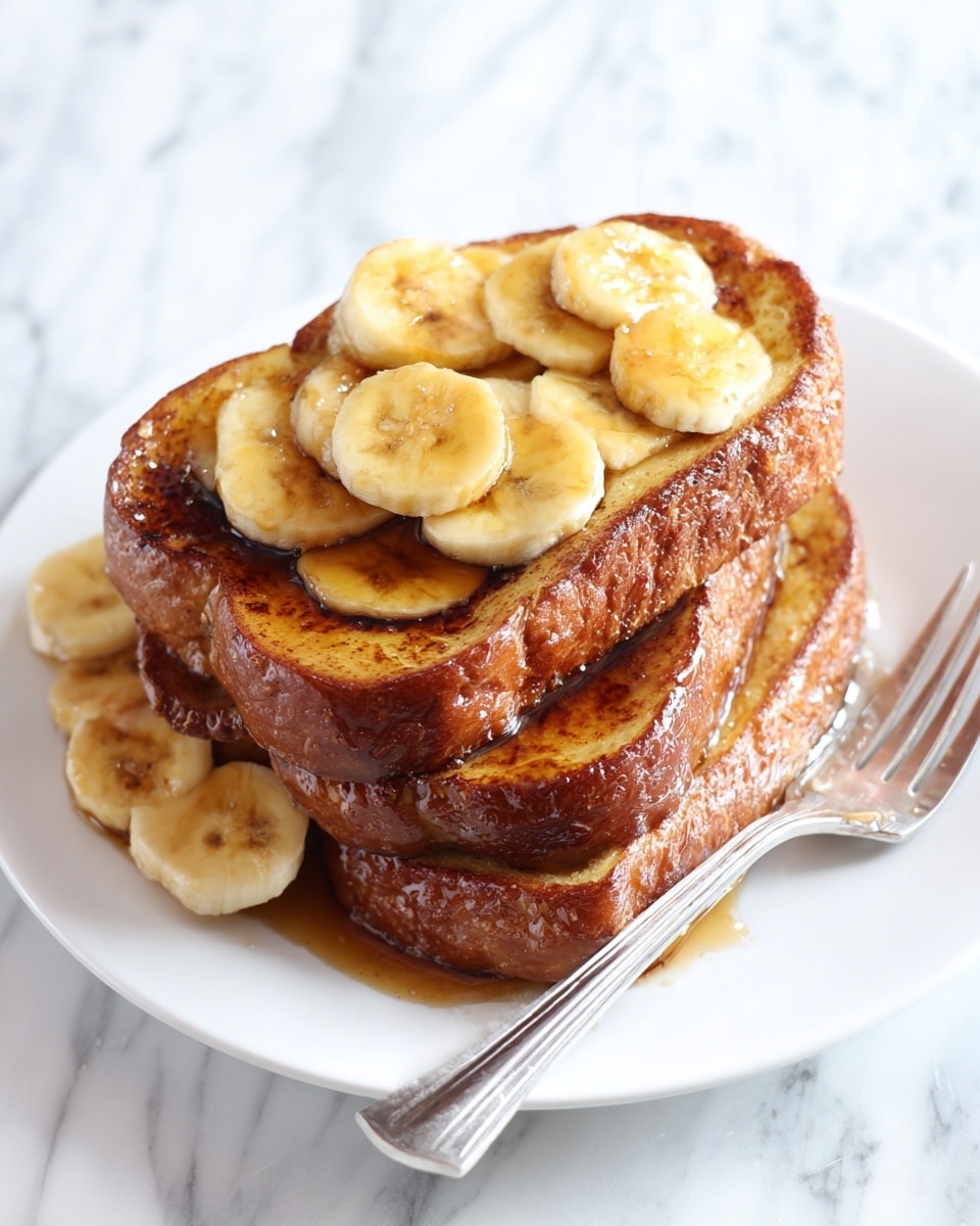 A stack of three thick slices of golden-brown French toast sits on a white plate, each slice showing a crisp, caramelized surface with rich, dark edges. On top, a generous layer of shiny, glazed banana slices, pale yellow with soft brown spots, adds a fresh and sweet contrast. The gloss from syrup or honey covers the bananas and parts of the toast, giving a glossy finish. A silver fork rests beside the stack on the white plate, all set against a white marbled texture surface. photo taken with an iphone --ar 4:5 --v 7