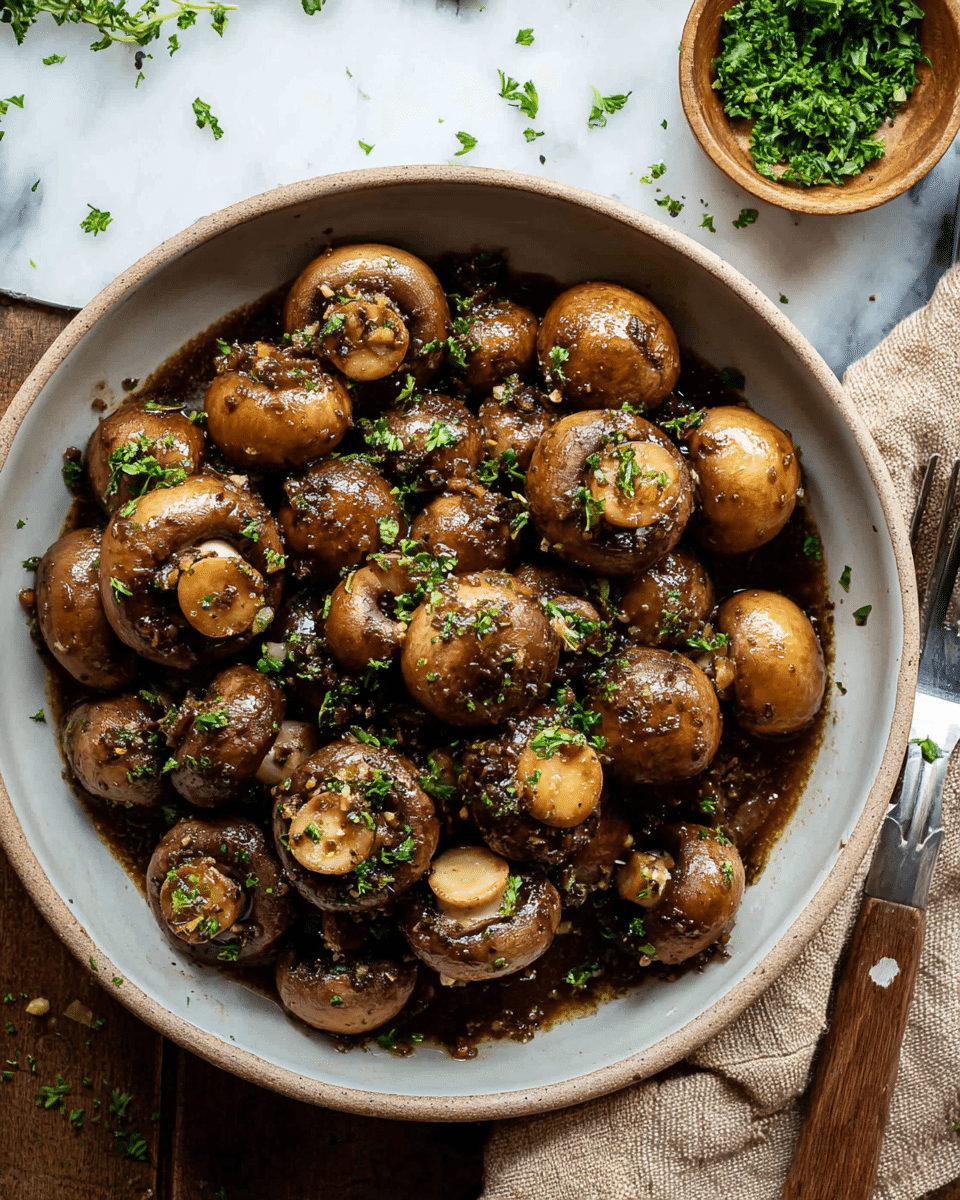 A round white bowl filled with cooked whole button mushrooms covered in a shiny, dark brown sauce with visible bits of garlic and herbs, sprinkled lightly with chopped green parsley. The mushrooms are piled high, showing smooth, round caps and white stems. The bowl is placed on a white marbled surface with scattered green herbs around and a small wooden bowl of chopped parsley at the top right. A fork with a wooden handle rests to the right side near a beige cloth on the left. photo taken with an iphone --ar 4:5 --v 7