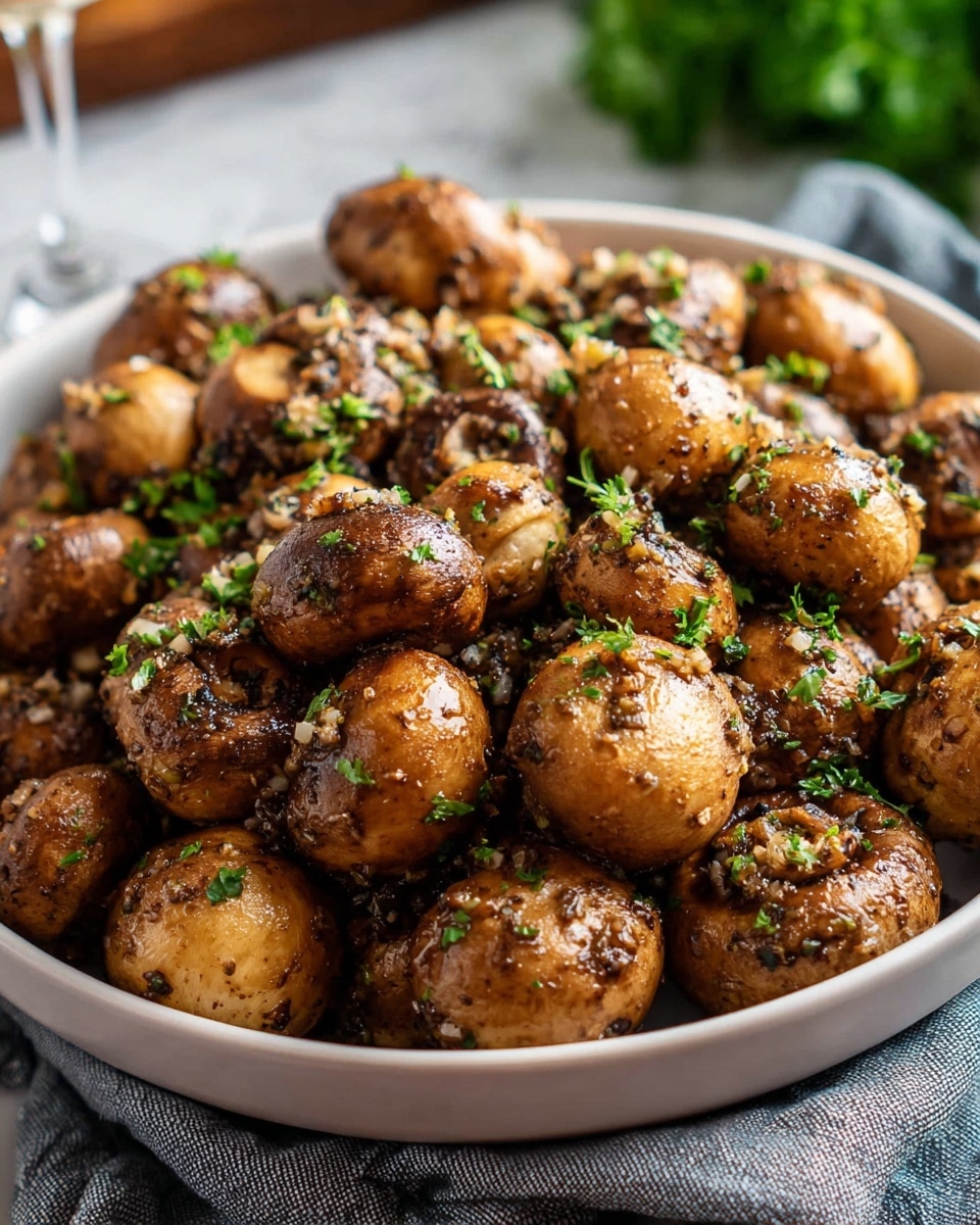 A close-up image showing a large heap of cooked whole mushrooms in a deep white bowl, each mushroom coated with a glossy mix of finely chopped garlic and herbs, giving them a textured surface with specks of green parsley sprinkled on top for a fresh look. The mushrooms are a warm golden-brown color, with some darker spots indicating a rich sauté. The bowl sits on a folded light grey cloth, all placed on a white marbled tabletop with hints of greenery blurred in the background. Photo taken with an iphone --ar 4:5 --v 7