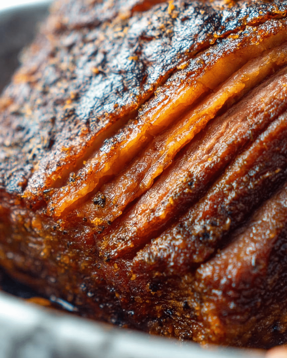 A close-up view of a large piece of cooked meat with a dark brown, crispy crust layer on top, showing several deep cuts running across it diagonally, revealing a warm orange-brown tender inner layer beneath the crust, with visible juicy textures and slight char marks all over. The meat is resting inside a white bowl with a blur of a woman's hand holding the edge, set on a white marbled textured surface. Photo taken with an iphone --ar 4:5 --v 7