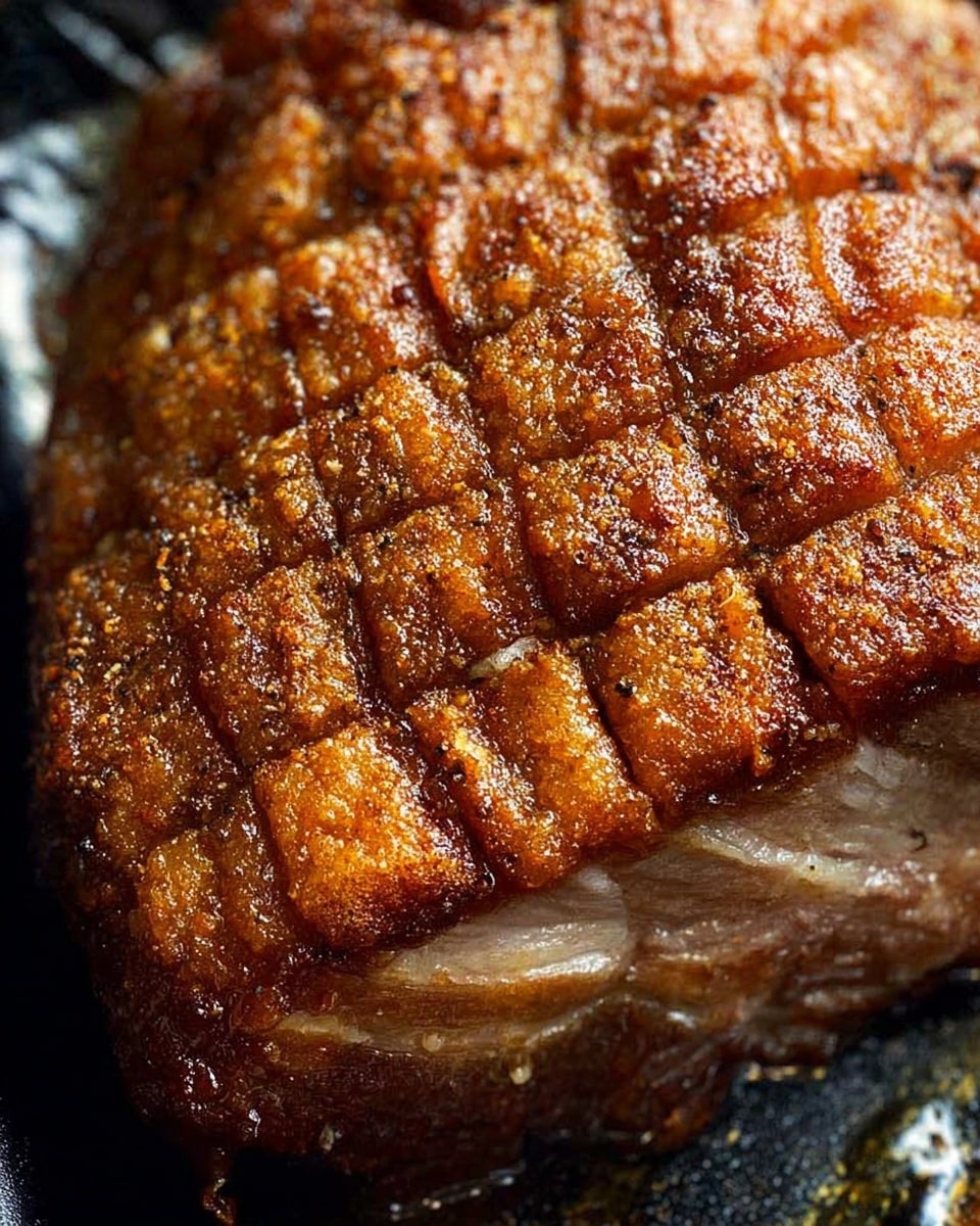 The image shows a close-up of a cooked piece of pork with a crispy browned skin that has been scored in a uniform grid pattern. The skin is golden brown with a rough, crunchy texture, and the meat beneath looks tender and juicy with a slight glossy shine. The pork rests on a shiny, black-lined surface, which contrasts with the warm tones of the meat. Photo taken with an iphone --ar 4:5 --v 7