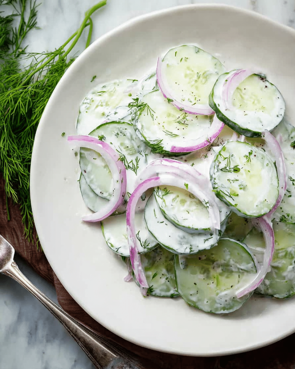 The image shows a white plate filled with a salad made of thin cucumber slices and crescent-shaped red onion slices, all coated in a creamy white dressing with small green dill flakes sprinkled evenly. The cucumber slices are layered overlapping each other mostly at the bottom, with some onion slices scattered on top and around giving a light purple contrast to the green and white. The plate sits on a white marbled surface, partially visible, and a vintage silver fork rests to the left along with some sprigs of fresh dill. photo taken with an iphone --ar 4:5 --v 7