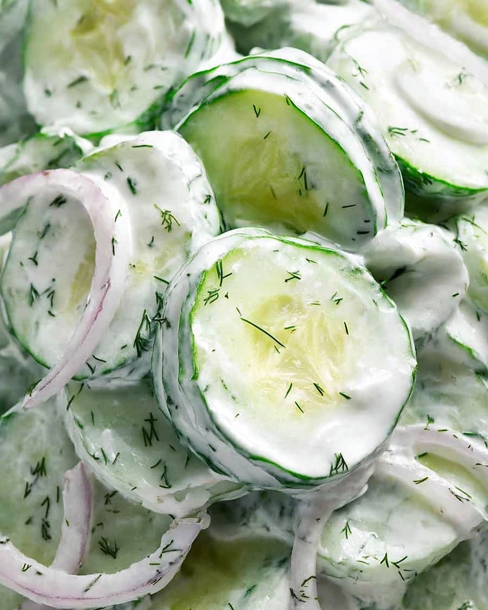 This image shows a close-up of a creamy cucumber salad with thin slices of green cucumber layered and covered in a thick white dressing mixed with small dark green dill flakes. There are also thin white and pale purple rings of onion mixed evenly throughout the salad. The cucumbers have bright green skin with a fresh, moist texture that is partly hidden by the smooth, glossy dressing. The whole salad is placed on a white marbled surface, focusing on the fresh, moist look of the ingredients. Photo taken with an iphone --ar 4:5 --v 7